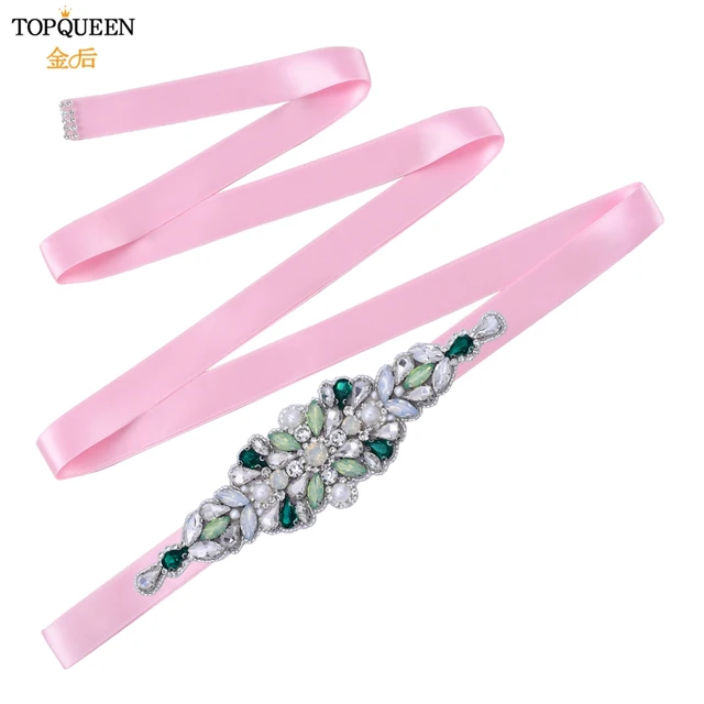 TOPQUEEN S443 Luxury Green Rhinestone Bridal Belt Beaded for Formal Evening Dresses Custom Diamond Decorative Belt Handmade pink ribbon
