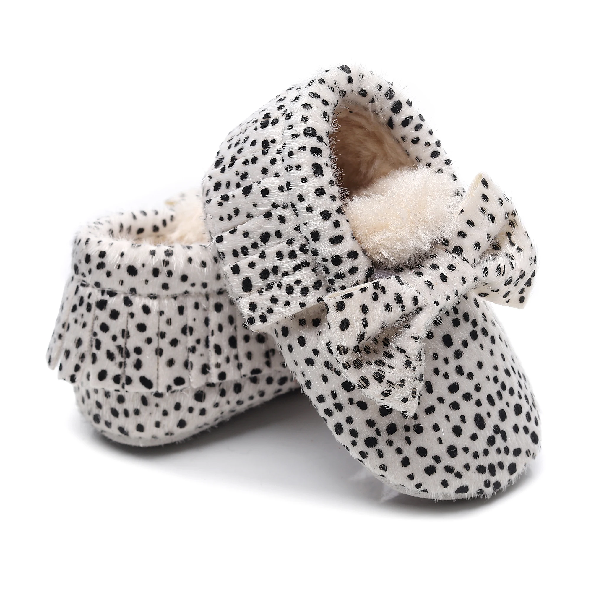 Новорожденные Мокасины младенческие мальчики девочки плотные меховые туфли ручной работы горошек детская зимняя модная обувь натуральная кожа конский волос лук
