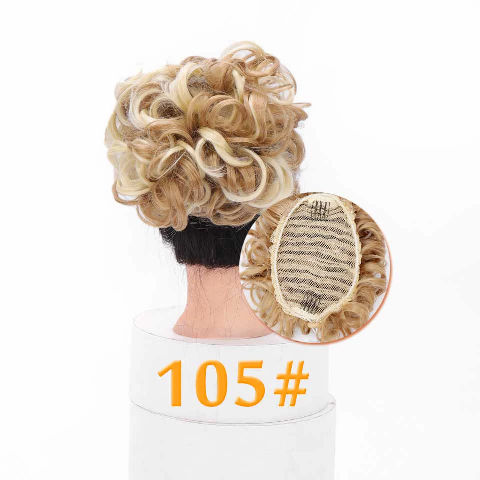 MEIFAN Women Easy Clip In Big Hair Bun Rubber Band Chignon with Two Comb Wave Curly Synthetic Wigs Ponytail Extensions - Color: 105