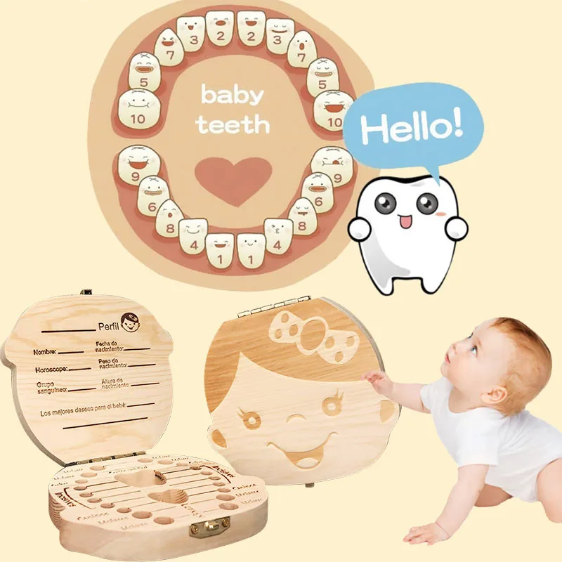 Caja de dientes para bebé/Inglés/organizador para dientes de leche de madera, almacenamiento, recuerdos para bebés, regalo