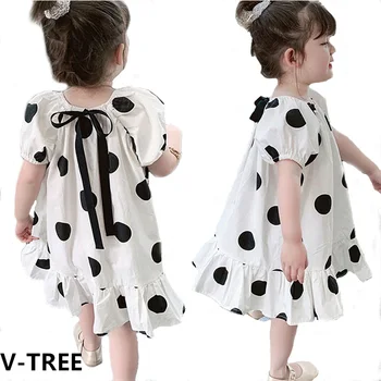 

V-TREE Dresses Girls Clothes Summer Cartoon Spotted Dress Kids Homewear Cute A-line Pattern Puff Sleeve Cotton Short Dot O-neck
