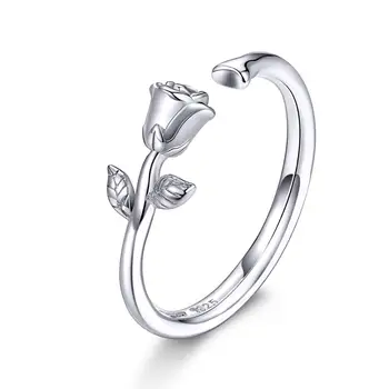 

bamoer GAR065 Love Rose Flower Adjustable Finger Ring Band 3D Branch Floral Open Size Ring for Women 925 Sterling Silver Jewelry