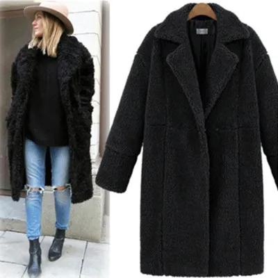 Новинка, Зимняя женская длинная куртка из искусственного меха, теплый мех, повседневная Корейская верхняя одежда, уличная одежда, однотонный искусственный мех, плюшевый мишка, пальто, меховая женская куртка - Цвет: Black