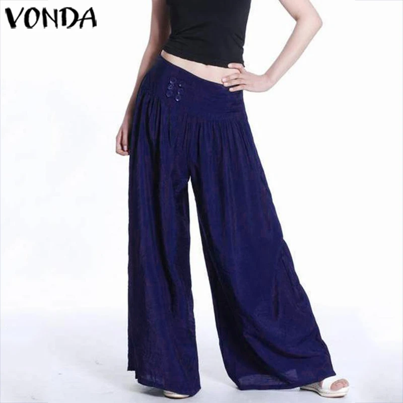 

VONDA Women Elegant Wide Leg Pants 2019 Spring Summer Female Casual Loose Plus Size Elastic Waist Trousers Solid Bottoms