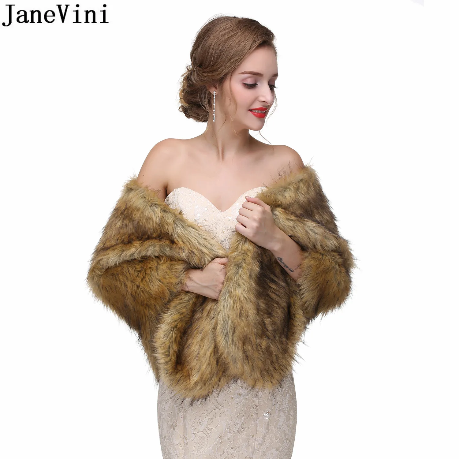 JaneVini 2021 Christmas Party Faux Fur Jacket Wedding Bolero Coat Winter Jacket Women Cape Bridal Evening Fake Fur Wrap Shawls