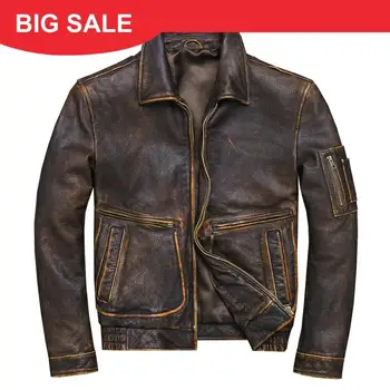 

2020 Vintage Brown Men Military Style Pilot Leather Jacket Large Size 4XL Genuine Cowhide Spring Slim Fit UASF Aviator Coat