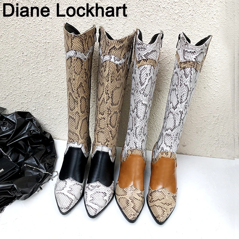 

2019 Hot Women Snake Print Western Cowgirl Boots Female PU Leather Patchwork Cowboy Ankle Boot Woman High Heel Long Bota 38 41