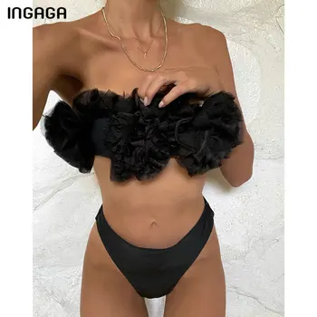 

INGAGA Black Bandeau Bikinis 2020 Transparent Mesh Swimwear Women Thong High Cut Biquini Sexy Swimsuit New Bathing Suit Women's