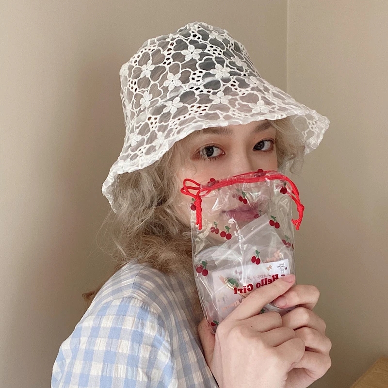 Korea Summer Black White Lace Bucket Hat Women Fashoin Sweet Flower Hollow Sun Hat Street Beach Sun Protector Cap Lady Elegant