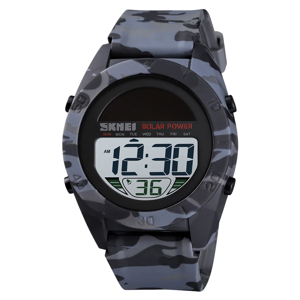 

SKMEI Fashion Sports Watch Men Multi-Function Digital Watch Alarm Clock Solar Power 50M Waterproof PU Strap Round Case Watch