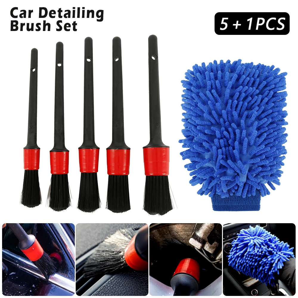 5pcs/lot Car Cleaning Tool Natural Boar Hair Car Detailing Brushes Set For Auto Interior Gap Rims Dashboard Wheel Air Vent Trim
