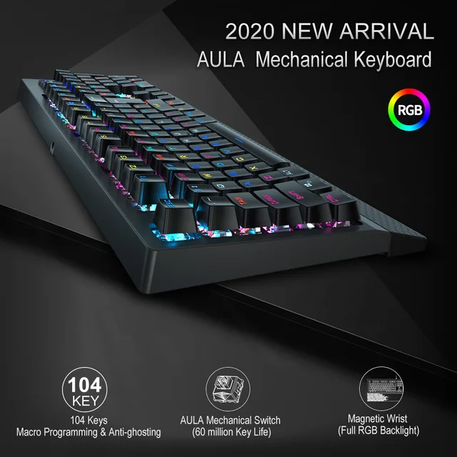 AULA RGB Gaming Mechanical Keyboard Blue Black Switch Wired Backlit  Keyboard 104 Keys Anti-ghosting for Laptop Desktop PC Gamer