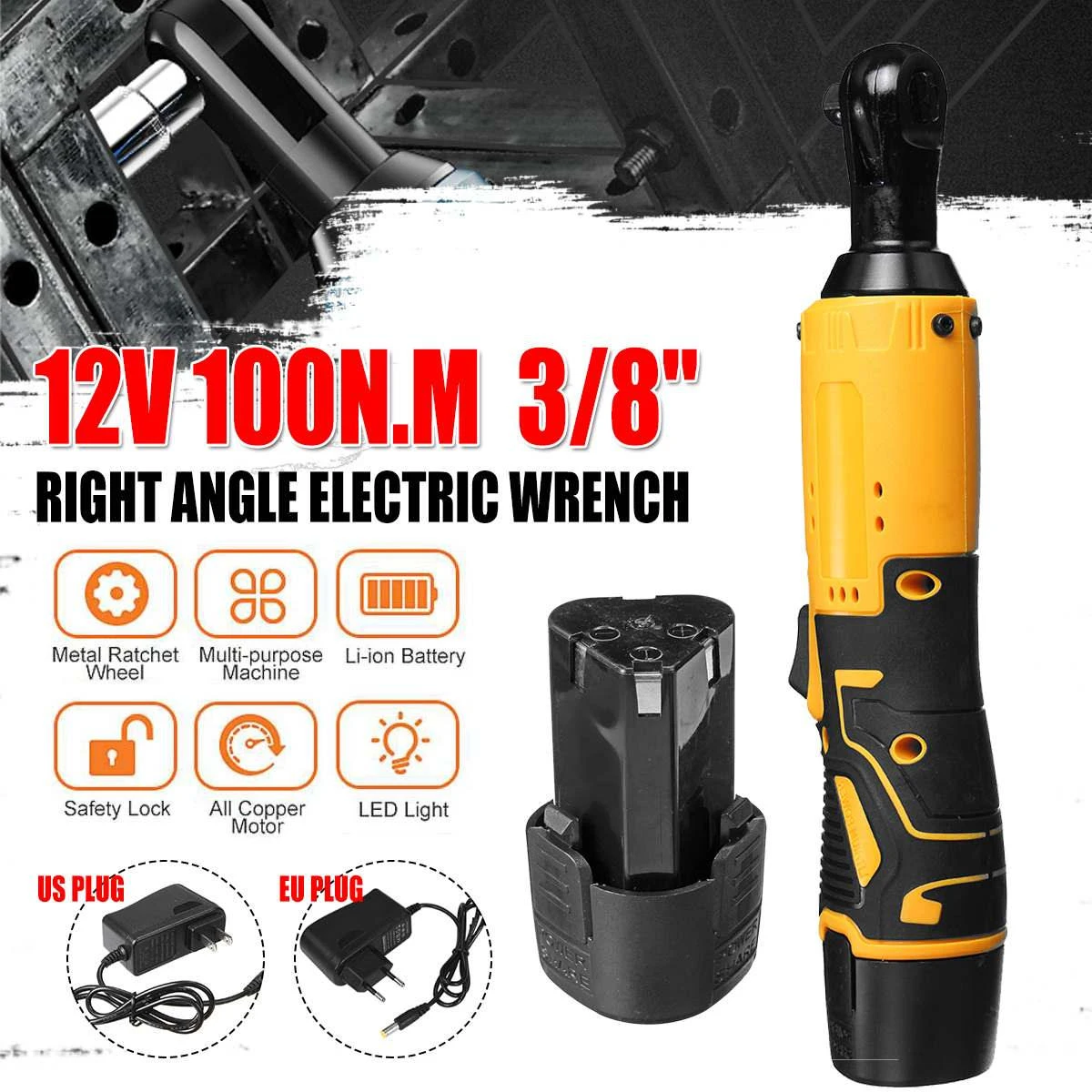 Hot Products! 3/8'' 12V 100Nm Powerful Electric Cordless Wrench Ratchet Right Angle Wrench Tool Set With Rechargeable Battery