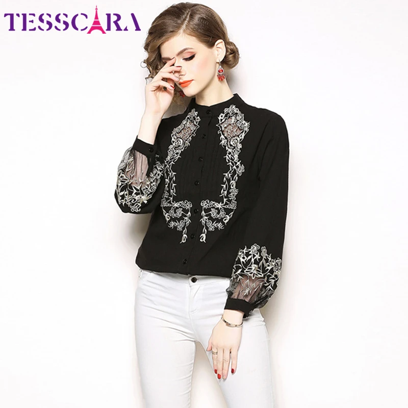 TESSCARA, женская элегантная офисная блузка с вышивкой, рубашка, Женский винтажный дизайнерский хлопковый топ, кимоно, сорочка, Женские топы и блузки