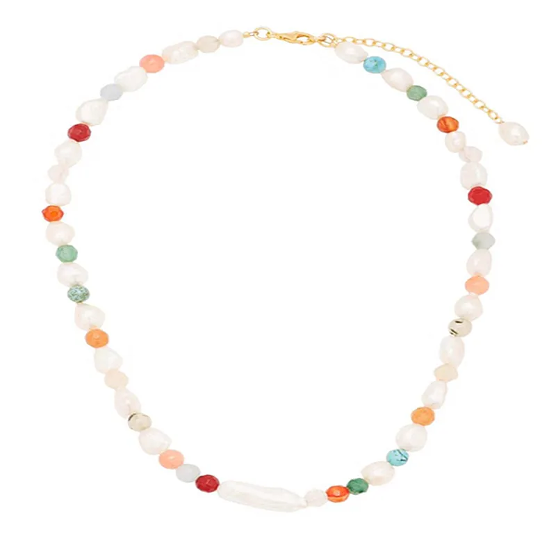 

Baroque Pearl Women's Necklace Bohemian Court Jewelry Natural Pearl Colorful Stone Collier De Femmes Short Necklace 2022