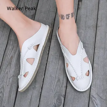 

Mules Genuine Leather Men Slippers Smoking Slip-On Flats Leather Handmade Shoes Casual fashion Big size 46 Brand Walker Peak