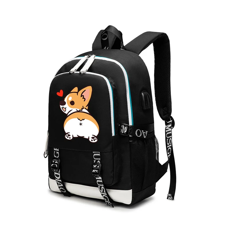 Мультфильм корги Печать USB Рюкзак Сумка школьная черная Mochila дорожные сумки рюкзак для ноутбука USB порт школьный рюкзак
