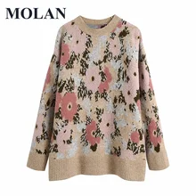 

MOLAN Za Sweater Woman Fashion Floral Loose Soft Touch Vintage Long Sleeve O Neck Knitted Winter Sweaters Retro Female Chic Tops