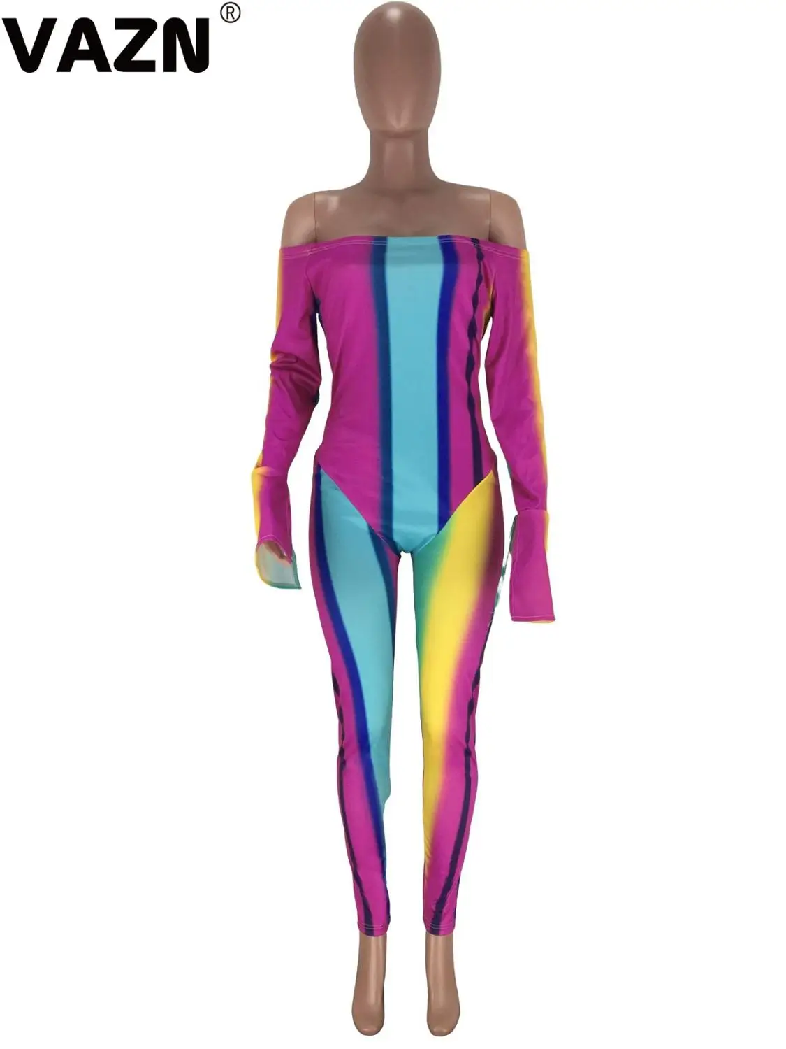 VAZN Striped Slash-Neck Long Jumpsuit Color Casual Club New Fashion High Street Jumpsuits Bodycon Colorful Long Pants