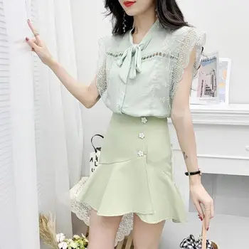 

2020 New Summer Women Bow Ruffles Cute Chiffon Sleeve Blouse Tops + Irregular Green Mini Skirt 2 Piece Sets Female Suit H28
