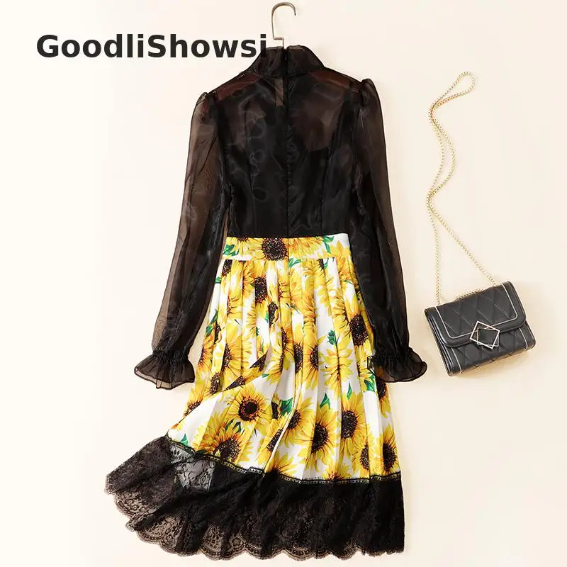 GoodliShowsi Новое поступление элегантное платье из органзы с принтом в виде цветов подсолнуха Лоскутные кружевные платья с бантом и воротником с расклешенными рукавами