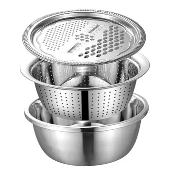 

3PCS/Set Micro-Perforated Colander Basket With Grater Stainless Steel Self-draining Sieve Basin Vegetable Graters Kitchen Tools
