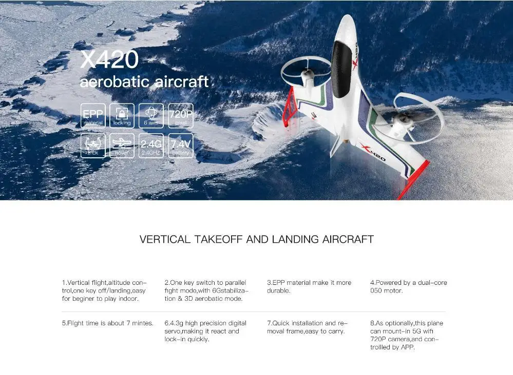 XK X420 2 4G 6CH 420 мм 3D6G VTOL вертикальное Снятие и посадка EPP 3D Аэробика FPV RC Самолет