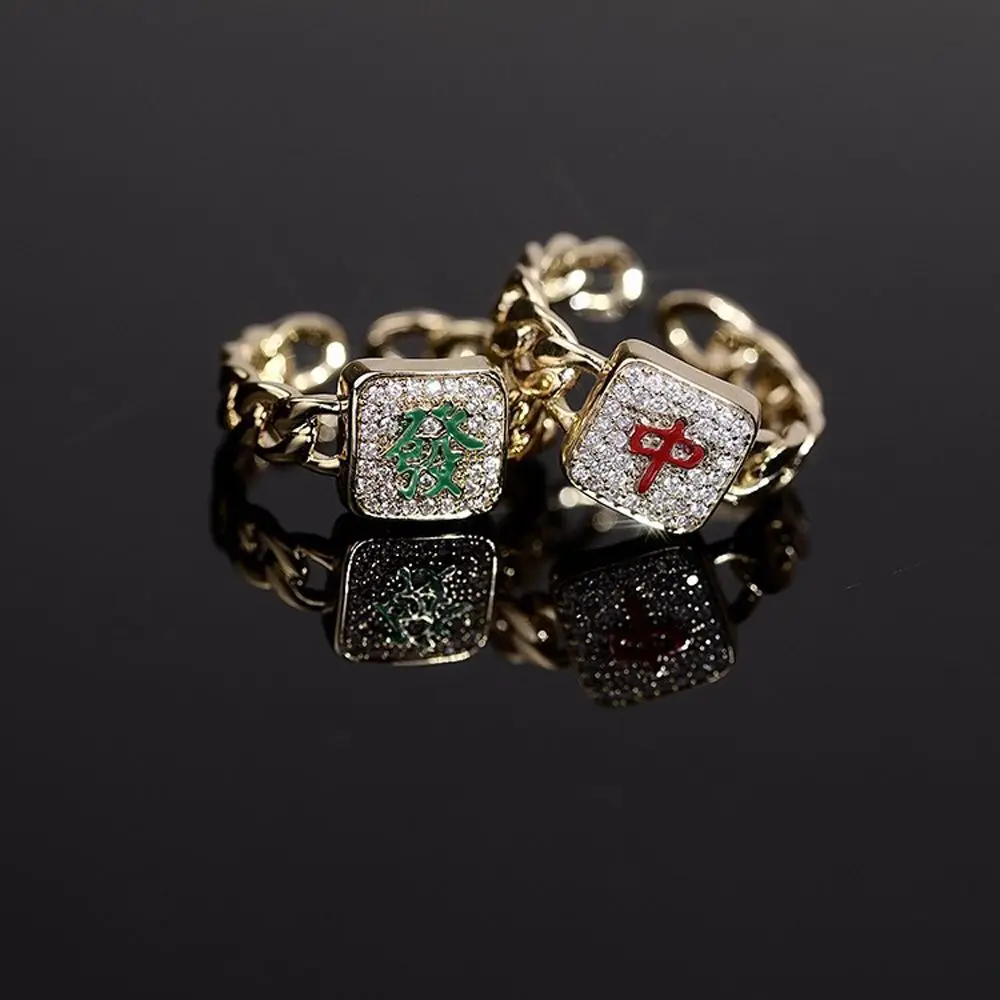 Chinese Mahjong Elements Geometric Rings Adjustable Finger Rings Women Girl Jewelry Accessories Metal Rhinestone Finger Buckle