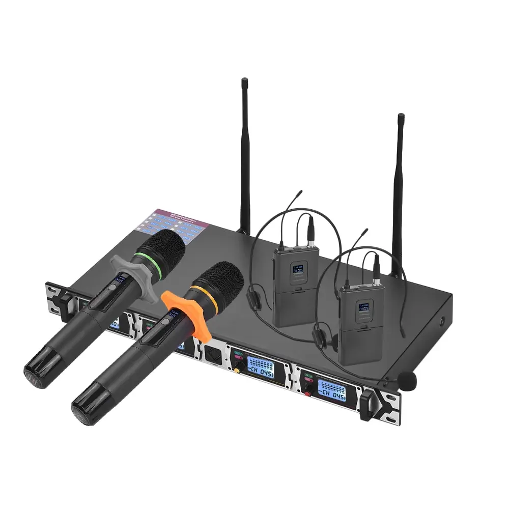 

Muslady D4-4 4-Channel UHF Wireless Mic System 2 Headset Mics with Bodypack Transmitters + 2 Handheld Mics + Mount Receiver