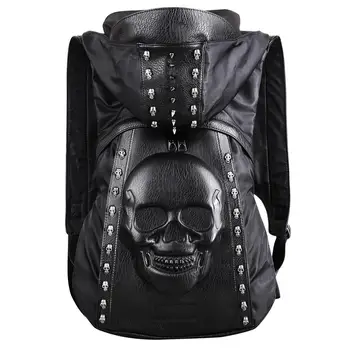 

3D Skull Leather Backpack Rivets Skull Backpack with Hood Cap Apparel Bag Cross Bags