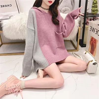 H. SA женский свитер, длинный джемпер с капюшоном, корейский стиль, пэчворк, большой размер, розовый, длинный, Pull Femme casaco feminino, зимний свитер - Цвет: HF19158 Pink
