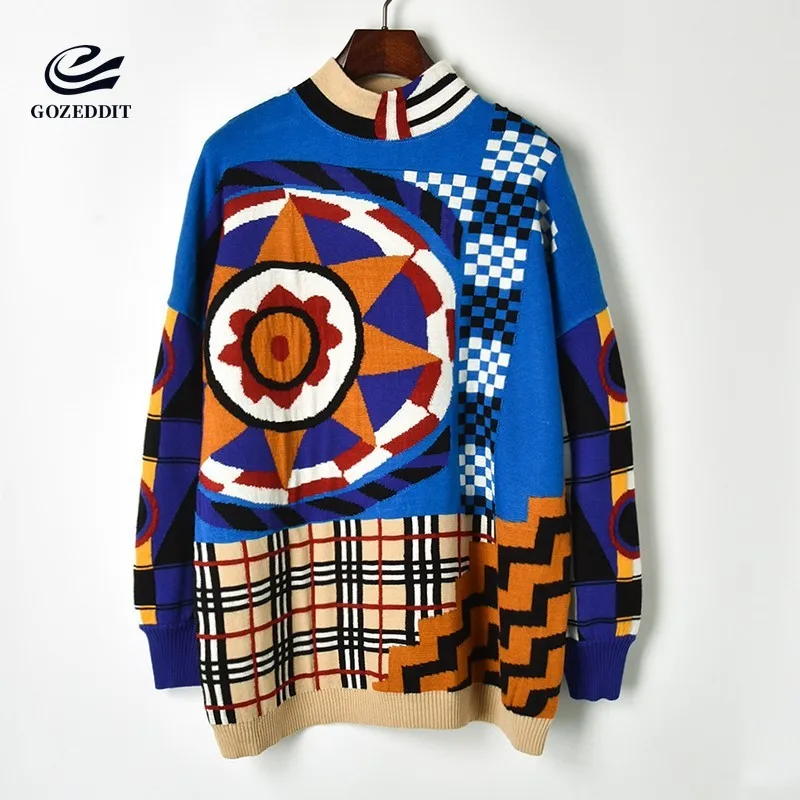 ^*Best Offers Gozeddit Brand Women Long Loose Sweater Contrast Color Sun Plaid Stripes Knitted Jumper