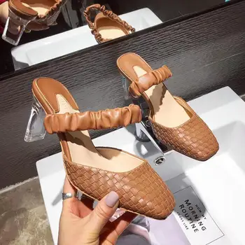 

Fashion Women High Heels Slippers Weave Design Slip On Hollow Mules Shoes Woman Crystal Clear Heeled Summer Party Dress Shoes