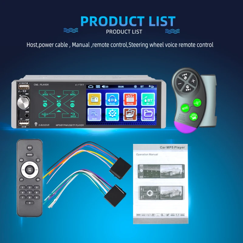 

4.1'' Bluetooth USB 5.0 Siri Mirror Link Touch AI Voice 1 Din Car Radio MP5 Player FM Steering Wheel Controller Black
