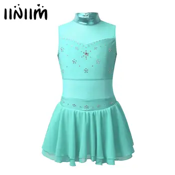 

Kids Girls Costumes Metallic Tulle Splice Cutouts Back Rhinestone Figure Skating Dress Roller Ice Ballet Dance Leotard Dress
