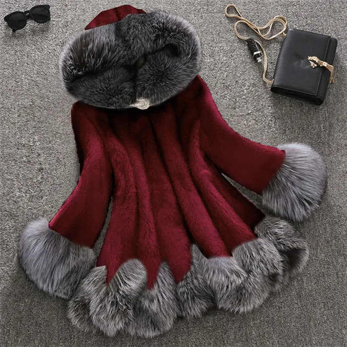 Red wine Новое высококачественное осенне-зимнее пальто из искусственного меха для женщин, большие размеры, S-10XL, норковый мех, Лисий мех, воротник, куртка женская с капюшоном, тонкий G592 - Цвет: Red wine