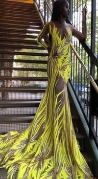 

on sale top quality yellow color sequins lace embroidery tulle mesh lace fabric JOY-888 with sparking flower for party dress