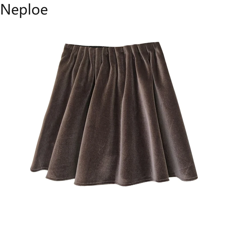 Neploe, осенне-зимняя юбка трапециевидной формы с высокой талией, Золотая Бархатная мини юбка с эластичной талией, Женская однотонная плиссированная модная верхняя одежда, ropa mujer
