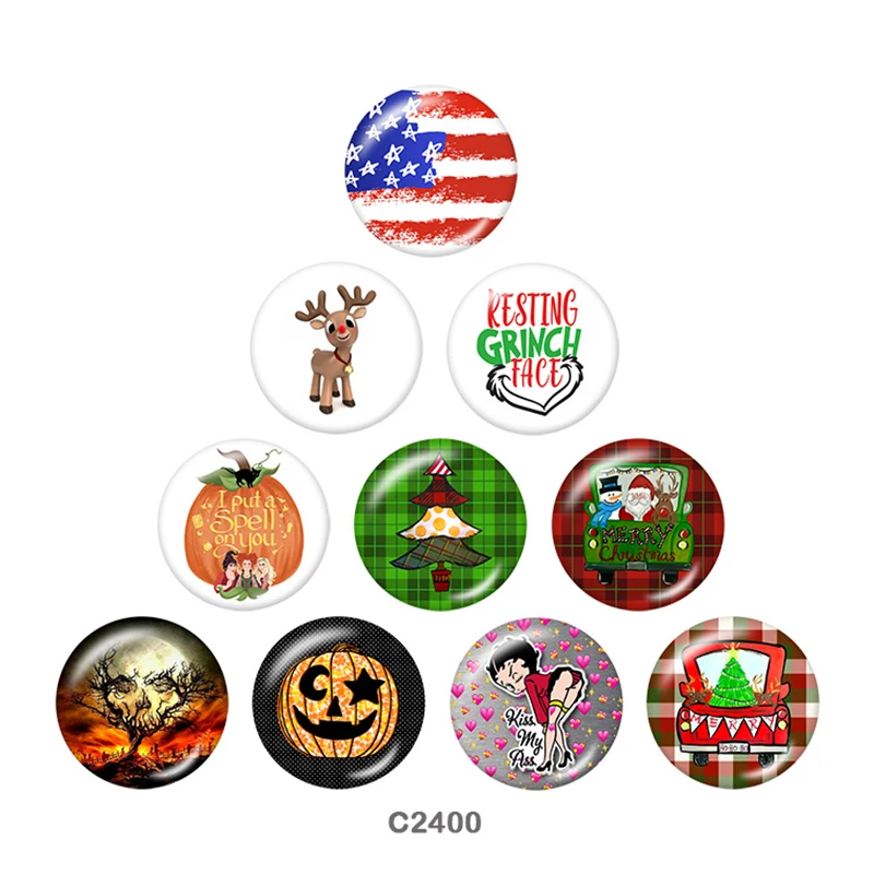 Christmas Halloween USA Round glass cabochon Fridge stickers snap button jewelry 10pcs/set C2400 | Украшения и аксессуары