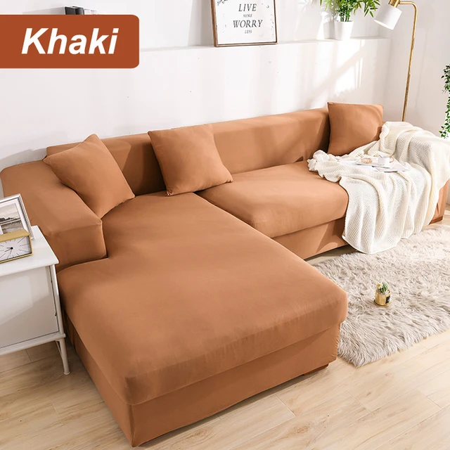 L-Shaped Sofa Cover Corner Sofa Slipcovers Elastic Chaise Cover 1/2/3/4 Seater Stretch Sectional Couch Armchair Cover Protector Khaki