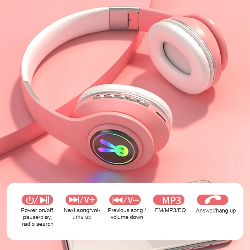 5 0 Bluetooth Headpset Cute Little Rabbit RGB LED Light Girl Kids Stereo Music Wireless Auscultadores with Microphone for xiaomi