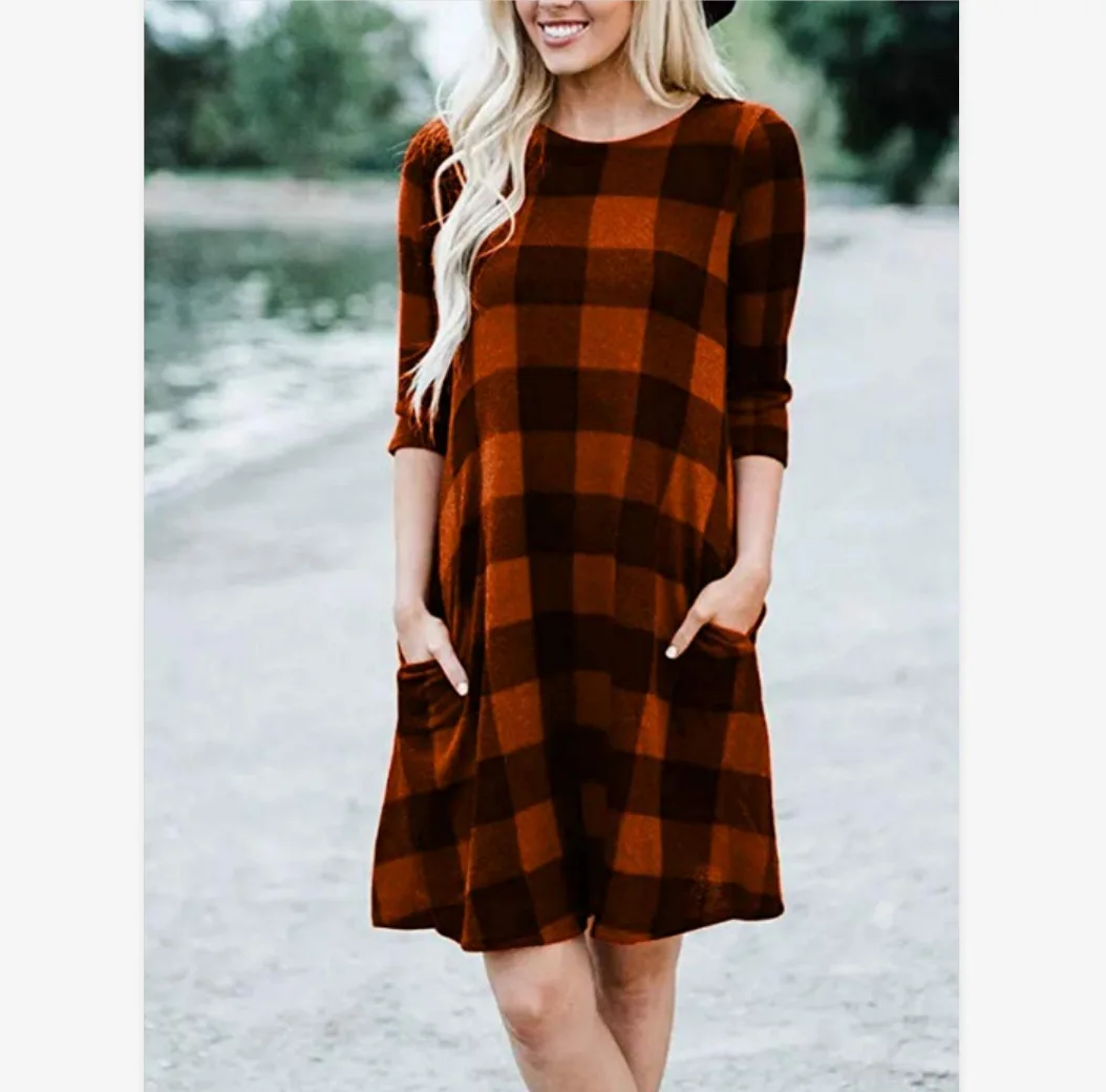 

Women's summer and autumn new seven-point sleeve plaid dress women