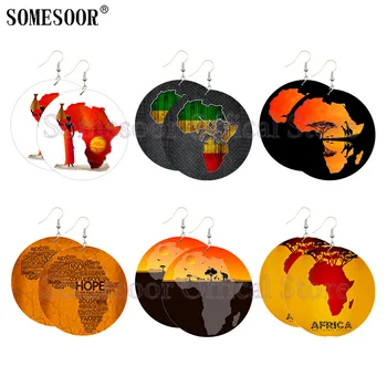 

SOMESOOR African Map Ethnic Art Wooden Drop Earrings Afro Headwrap Woman Eco Giraffe Elephant Lion Hope Tribal Jewelry For Black