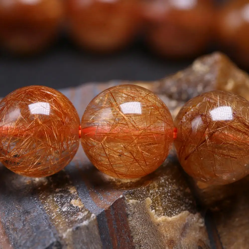 AAA Natural Red Copper Rutilated Quartz Bracelet Smooth Round Beaded Bracelets Women Men Gem Fine Jewelry