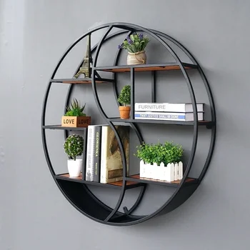 

Living room wall-mounted iron shelf retro creative solid wood bookshelf partition wall decorative round display rack