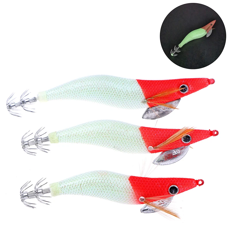 1pc Luminous Squid Jigs 2.5# 3.0# 3.5# Glow Wood Black White Red head Shrimp with Octopus Hooks Cuttlefish Fishing Lure