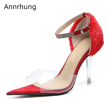 

Clear Crystal Thin High Heels Sandals Women Ankle Strap Point Toe Transparent PVC Peep Toe Fuzzy Summer Shoes Woman