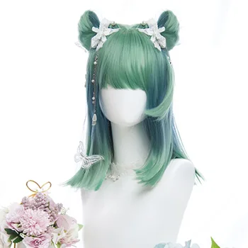 

CosplayMix 42CM Lolita Halloween Party Synthetic Hair Straight Bob Green Mix Lake Blue Ombre Bangs Medium Cosplay Wig+Cap