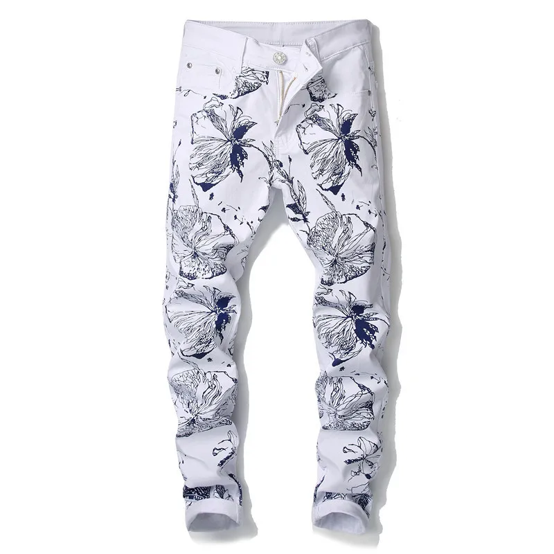 Мужские джинсы с цветочным принтом и цифровым принтом в стиле панк-рок для ночного клуба эластичные белые узкие обтягивающие брюки Стрейчевые брюки#906 - Цвет: Белый