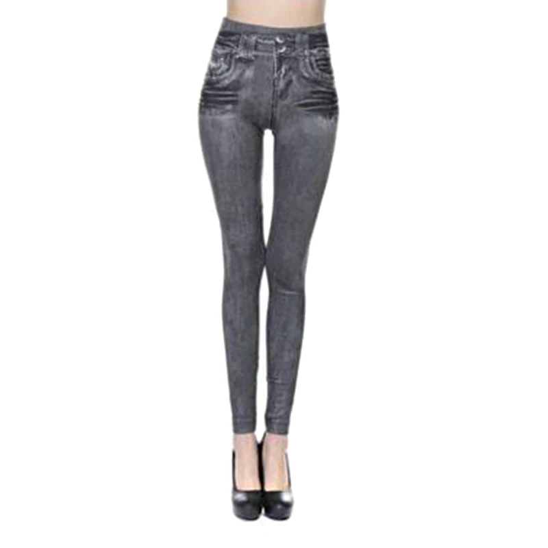 Женские Поддельные лосины из джинсовой ткани с пуш-ап высокой талией, тонкие Стрейчевые узкие брюки JS24 - Цвет: Серый